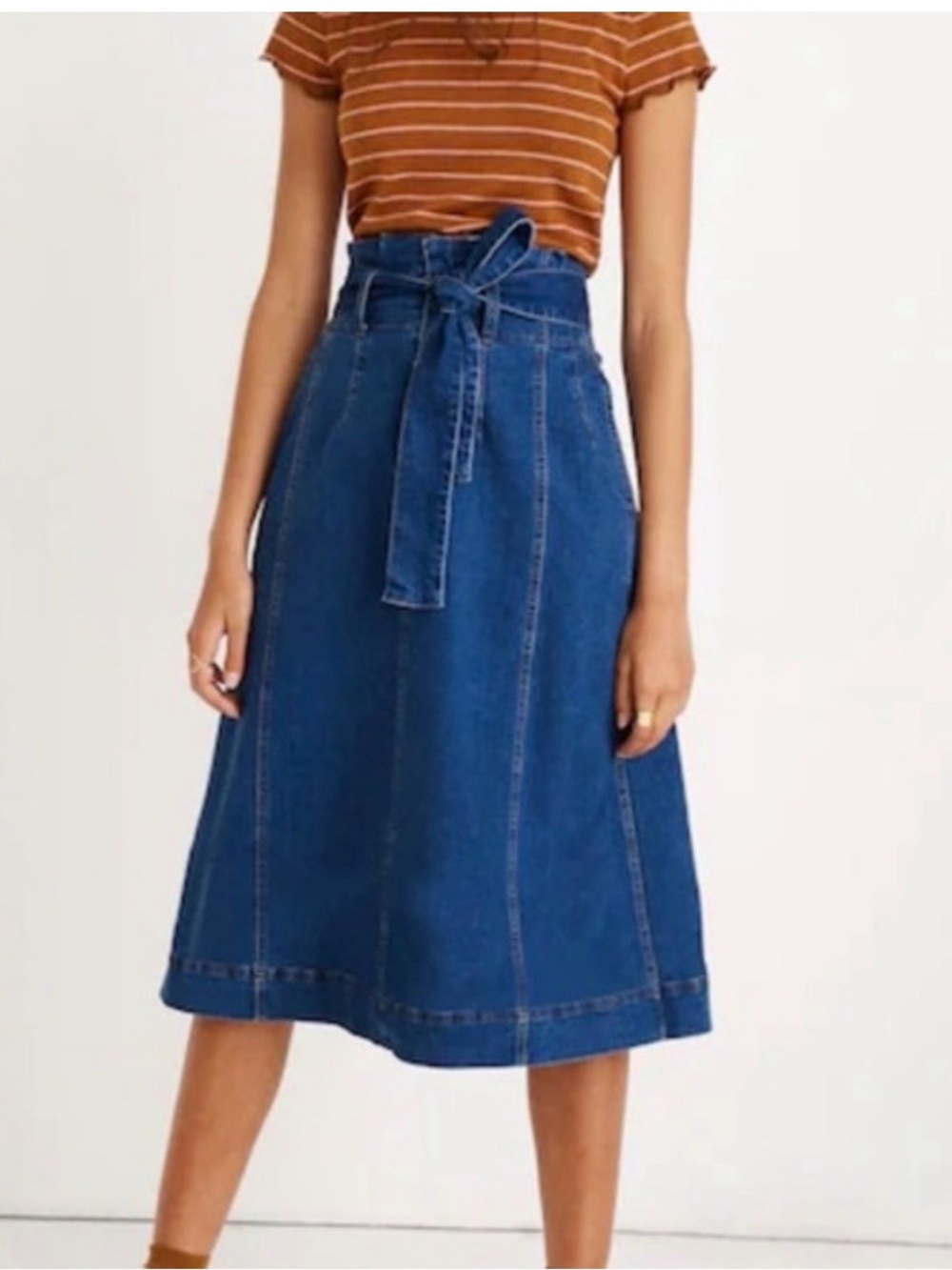 Madewell High-Waist Denim Paper Bag MIDI Skirt in Indigo Wash. NWT